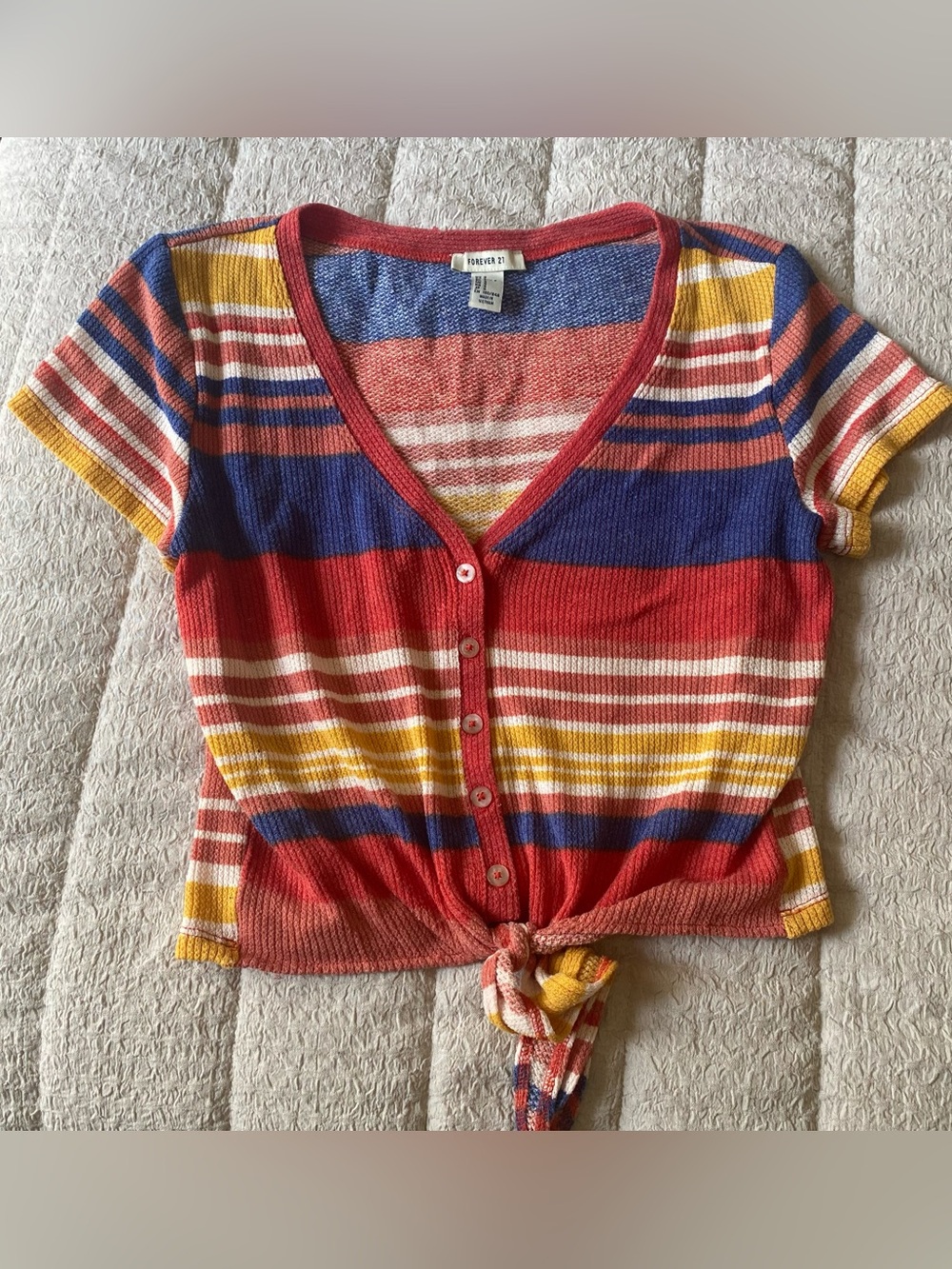 Forever 21 Women’s
' Multicolor Stripe Button-Front Tie Hem Top - Red/Blue/yello